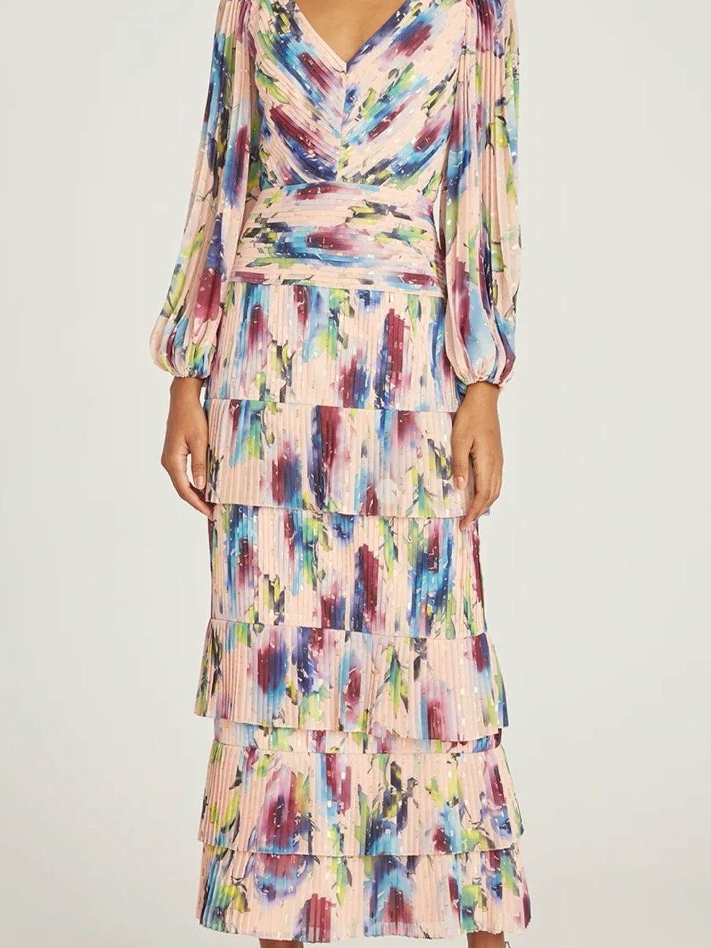 Theia tiered Floral Maxi Dress in Pastel Multi